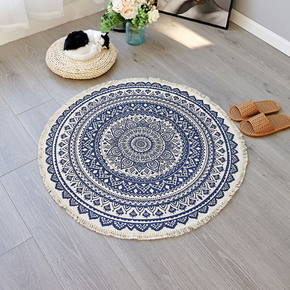 Dark Blue Round Cotton Woven Rug Mandala Boho Floor Mat Living Room Bedroom Tasseled Foot Mat Yoga Cushion