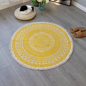 Yellow Round Cotton Woven Rug Mandala Boho Floor Mat Living Room Bedroom Tasseled Foot Mat Yoga Cushion