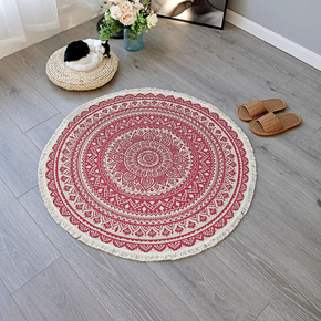 Red Round Cotton Woven Rug Mandala Boho Floor Mat Living Room Bedroom Tasseled Foot Mat Yoga Cushion