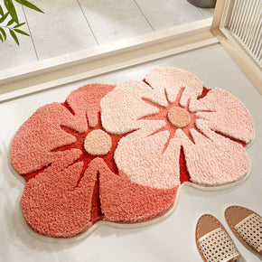 Irregular Colorful Pink Flower Extra Soft Flocking Bath Mats Absorbent Non-Slip Bathroom Rugs