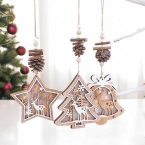 3-Piece Set Wooden Christmas Tree Pentagram Moose Small Hangings Christmas Decorations