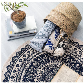 Round Cotton Area Rug with Tassel Hand Woven Machine Washable Floor Carpet Rug for Living Room Bedroom 90cm 01-03