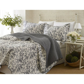 Gray Floral Cotton Reversible Quilt Set