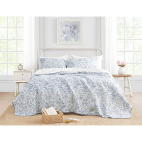 Light Blue Floral Cotton Reversible Quilt Set