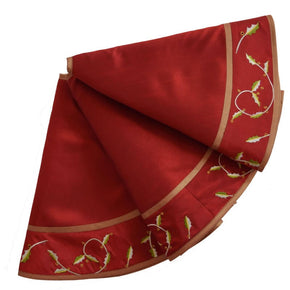 Wine Red Christmas Tree Skirt with Holly Leaf Embroidery and Exquisite Gold Trim Design Christmas Decorations