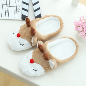 Cute Embroidered Christmas Moose Plush Indoor Home Women's Slippers