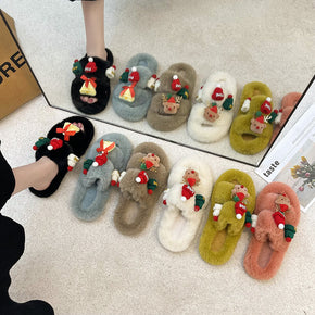 Christmas Plush Slippers Indoor and Outdoor Flat-bottomed Warm Slippers