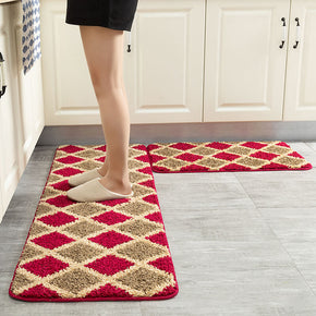 Easy to Clean Red Brown Diamond Squares Pattern Kitchen Mat Water-absorbing and Oil-absorbing Soft Anti-slip Mat