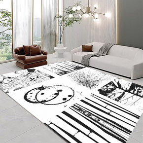 Classical Minimalist Black and White Inked Faux Cashmere Rug Living Room Bedroom Bedside Rug Sofa Coffee Table Rug Floor Mat 01