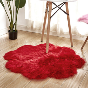 Red Faux Sheepskin Fur Super Soft Shaggy Modern Plush Flower Shaped Irregular Shaped Area Bedside Rugs For the Bedroom Living Room Hall