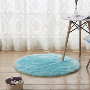 Round Faux Sheepskin Fur Modern Light Blue Shaggy Area Plush Rugs For Bedroom Living Room Hall Bedroom Bedside