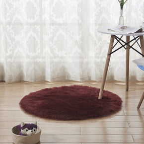 Modern Wine Red Shaggy Area Round Faux Sheepskin Fur Plush Rugs For Bedroom Living Room Hall Bedroom Bedside