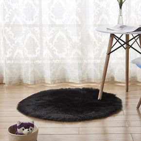 Round Modern Black Faux Sheepskin Fur Shaggy Area Plush Rugs For Bedroom Living Room Hall Bedroom Bedside