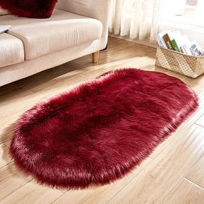 Wine Red Oval Shaped Shaggy Super Soft Faux Sheepskin Fur Plush Rugs For Living Room Hall Bedroom Bedside