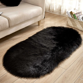 Black Oval Shaped Shaggy Super Soft Faux Sheepskin Fur Plush Rugs For Living Room Hall Bedroom Bedside