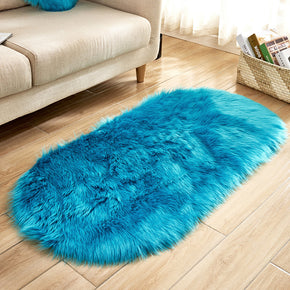 Dark Blue Oval Shaped Shaggy Super Soft Faux Sheepskin Fur Plush Rugs For Living Room Hall Bedroom Bedside