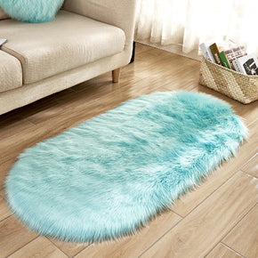 Light Blue Oval Shaped Shaggy Super Soft Faux Sheepskin Fur Plush Rugs For Living Room Hall Bedroom Bedside