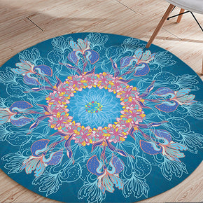 Blue Round Moroccan 3D Flower Patterned Living Room Bedroom Office Anti-slip Area Rugs