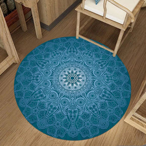 Blue Round Traditional Moroccan Floral 3D Flower Patterned Living Room Bedroom Office Anti-slip Area Rugs