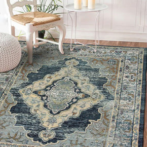 Blue Printed Traditional Shaggy Vintage Patterned Area Rug for Living Room Hall Office Bedroom