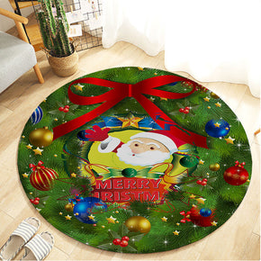 Santa Claus Christmas Holiday Green Round Flannel Kitchen Doormat Bathroom Floor Mats Rugs for Christmas Tree