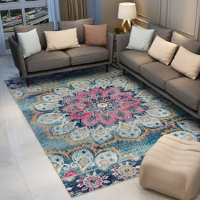Blue Traditional Floral Patterned Floor Mat Polyester Vintage Area Rugs for Living Room Office Bedroom Hall