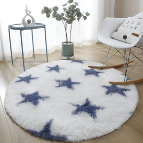 White Blue Stars Super Soft Round Shaggy Rugs Living Room Bedroom Kids Room Bedside Floor Rugs