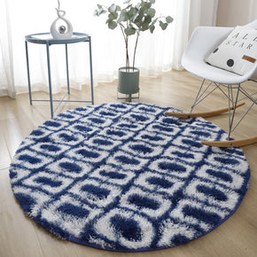 Blue White Geometric Soft Round Comfortable Shaggy Rugs Living Room Bedroom Kids Room Bedside Floor Rugs