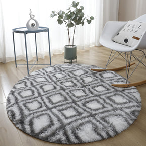 Grey White Checkered Soft Round Comfortable Shaggy Rugs Living Room Bedroom Kids Room Bedside Floor Rugs