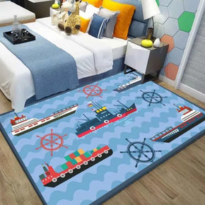 Steamship Blue Area Rugs Polyester Carpets Modern Patterned for Kidsroom Hall Living Room Dining Room Bedroom