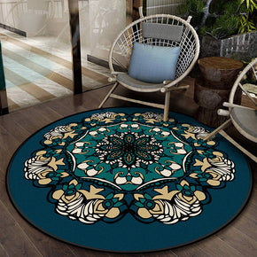 Blue Floral 3D Modern Patterned Round Anti-slip Carpets Area Rugs for Bedroom Living Room Office Hall