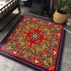 Red Traditional Area Rugs Square Patterned Retro Polyester Carpets for Dining Room Living Room Office Hall Bedroom