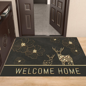 Flower And Deer Pattern Black Modern Simple Entryway Doormat Anti-slip mat