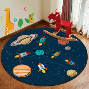 Blue Planet Rocket Patterned Modern Round Area Rugs Anti-slip Carpets for Bedroom Living Room Kids Room
