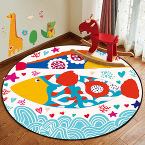 Blue Fish Patterned Modern Round Area Rugs Anti-slip Carpets for Bedroom Living Room Kids Room