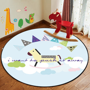 Patterned Modern Blue Small Animals Round Area Rugs Anti-slip Carpets for Bedroom Living Room Kids Room