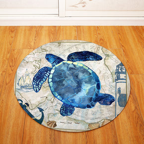 Blue Turtle Aquatic Creatures Patterned Modern Round Area Rugs Anti-slip Carpets for Bedroom Living Room Kids Room