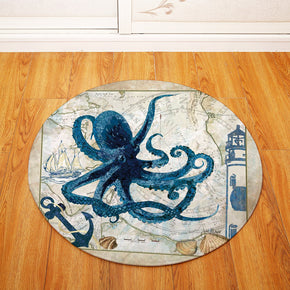 Blue Octopus Aquatic Creatures Patterned Modern Round Area Rugs Anti-slip Carpets for Bedroom Living Room Kids Room