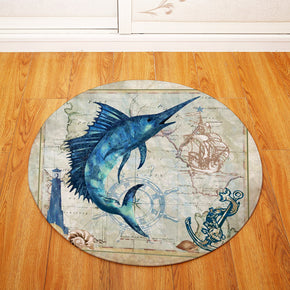 Modern Blue Fish Aquatic Creatures Patterned Round Area Rugs Anti-slip Carpets for Bedroom Living Room Kids Room