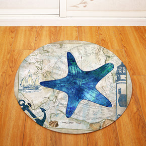 Modern Blue Starfish Aquatic Creatures Patterned Round Area Rugs Anti-slip Carpets for Bedroom Living Room Kids Room