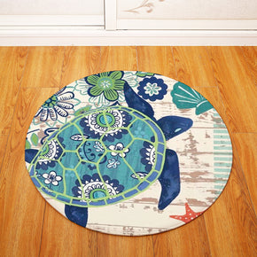 Modern Blue Floral Tortoise Aquatic Creatures Patterned Round Area Rugs Anti-slip Carpets for Bedroom Living Room Kids Room