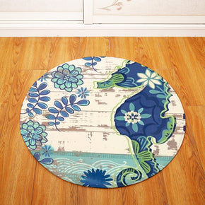 Modern Blue Floral Patterned Round Area Rugs Anti-slip Carpets for Bedroom Living Room Kids Room
