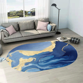 Oval Blue Abstract Modern Geometric Rug for Living Room Bedroom Kitchen