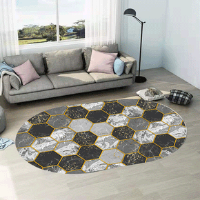 Black Grey Hexagon Pattern Oval Modern Geometric Rug for Living Room Bedroom Kitchen