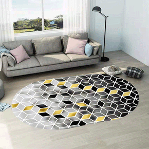 Black Grey Cube Pattern Oval Modern Geometric Rug for Living Room Bedroom Kitchen