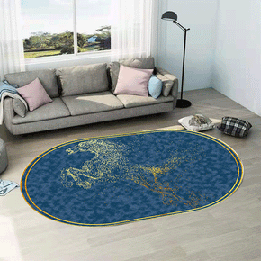 Running Horse Pattern Blue Oval Modern Geometric Rug for Living Room Bedroom Kitchen
