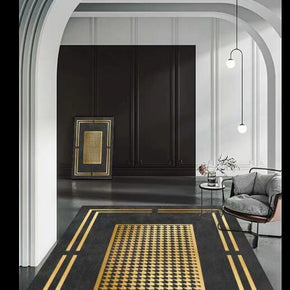 Golden Grid Black Modern Contemporary Simple Geometric Rugs for Living Room Dining Room Bedroom