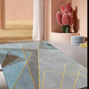 Gold Line Gray Blue Modern Contemporary Simple Geometric Rugs for Living Room Dining Room Bedroom