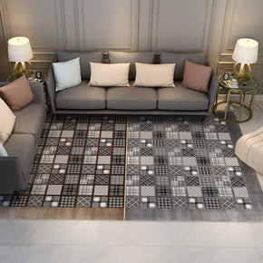 Brown Gray Checkered Geometric Rugs for Living Room Dining Room Bedroom Hall