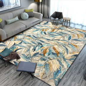 Beige Blue Leaves Floor Mat Carpet for Living Room Dining Room Bedroom Hall